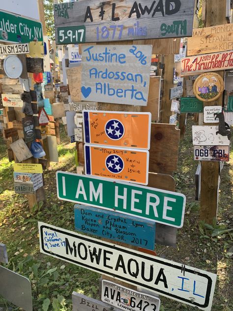 Make your travel mark. Or at least check out others who have at Sign Post Forest in Watson Lake, Yukon. #DestinationNowHere #Canada #AlaskaHighway #travel #vanlife Alaska Highway, At Sign, Sign Post, Van Life, Adventure Time, Highway Signs, Forest, Make Your, Lake