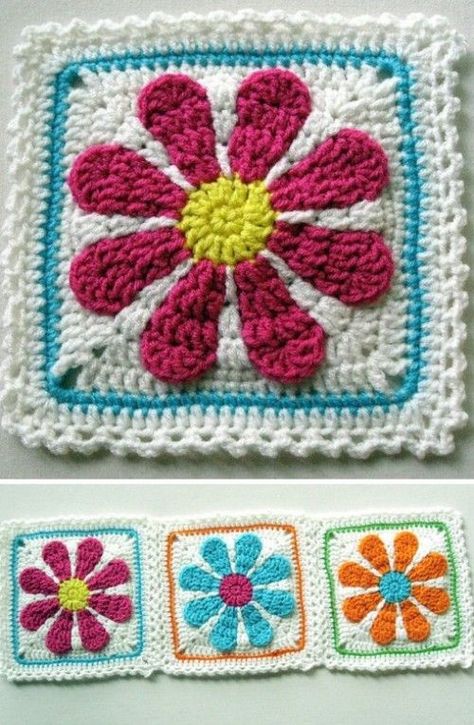 Gerber Daisy Afghan - Crochet pattern Retro Daisy Granny Square Pattern Free, Free Crochet Granny Square Patterns, Daisy Afghan, Crochet Flower Granny Square Pattern, Daisy Quilt, Granny Square Patterns, Crochet Hot Pads, Gerber Daisy, Granny Square Pattern