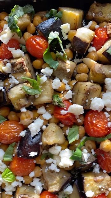 Marlena Kur on Instagram: "Roasted eggplant, chickpeas and burst tomatoes with some crumbled feta and fresh chopped basil on top. This Roasted Eggplant & Chickpeas with Burst Cherry tomatoes is a nourishing and delicious one pan meal! It’s veggie packed and super simple to make in less thank 30 minutes. . Ingredients: - 1 large eggplant cut into 1-2 inch pieces. -3 tablespoons extra virgin olive oil. - 1 pint cherry tomatoes. - 1 15.5 ounce can of chickpeas, drained and rinsed. - 10 cloves ga Burst Cherry Tomatoes, One Pan Meal, Seasoned Veggies, Noodle Recipes Easy, Roasted Eggplant, Roast Eggplant, Eggplant Recipes, One Pan Meals, Keto Diet Meal Plan