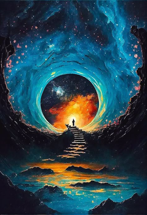 Mix Media Painting Ideas, Fantasy Stairway, Space Art Drawing, Sampad Art, Dreamscape Art, Rolled Magazine Art, Space Art Wallpaper, Art Zine, Heaven Art