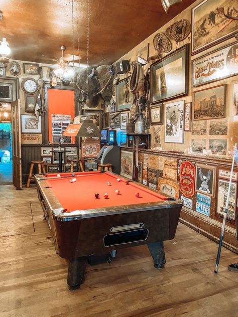 Basement Pool Table Room Ideas, Industrial Billiard Room, Garage With Pool Table And Bar, Basement Pool Table Room, Western Pool Table Room, Garage Pool Table Room Rustic, Basement Pool Table, Pool Hall Ideas, Dive Bar Aesthetic Basement