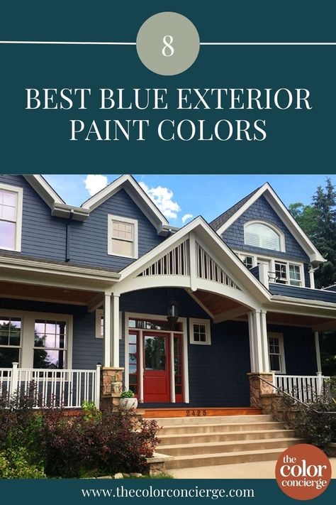 Explore the best blue exterior paint colors and paint color palettes in this post from The Color Concierge. Grey Blue Exterior House Colors, Blue Exterior Paint Colors For House, Blue Paint Color Palettes, Blue Exterior Paint, Blue Exterior House Colors, Coastal Blue Paint, Benjamin Moore Exterior Paint, Grey Exterior House Colors, Exterior Gray Paint