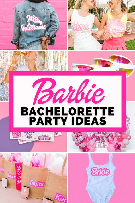 Malibu Barbie Themed Bachelorette Party, Bachelorette Barbie Outfit, Barbie And Ken Bachelorette Party, Barbie Themed Bachelorette Party Ideas, Barbie Bachelorette Party Shirts, Bachelorette Party Themes Barbie, Bachelorette Party Ideas Barbie, Barbie Bachelorette Party Decorations, Barbie Bachelorette Party Ideas