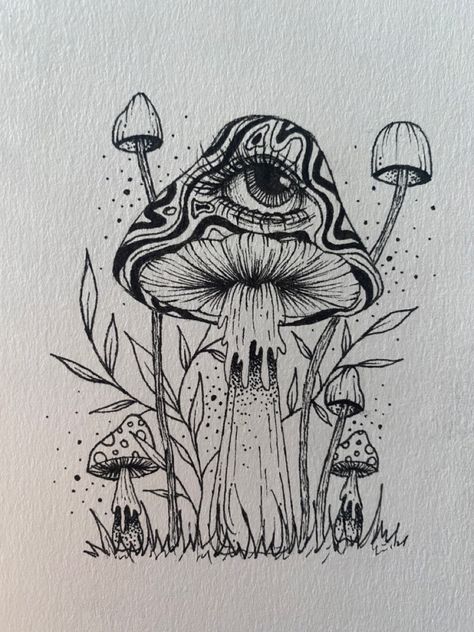 Small Femine Tattoo, Cool Trippy Tattoos, Weird Mushroom Drawing, Mushroom Pencil Drawings, Art Sketches Ideas Creative Sketchbook Pages, Mushroom Sketch Trippy, Alien Art Drawing, Trippy Mushroom Drawing, Drawing Ideas Easy Creative