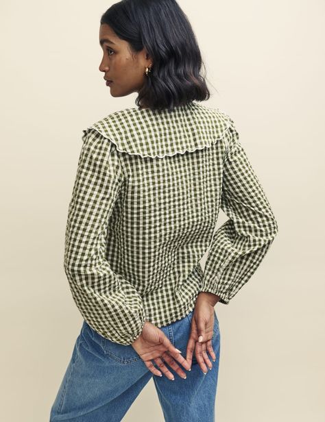 Green Gingham Peter Pan Collar Long Sleeve Blouse Fearne Cotton, Denim Suit, Green Gingham, Iconic Dresses, Swimwear Shorts, Swimwear Sale, Petite Maternity, Pan Collar, Petite Dresses