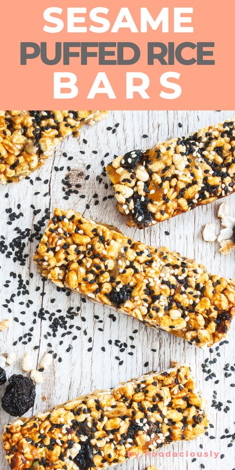 These sesame puffed brown rice bars with maple syrup, dried apricots and prunes are a light, easy, and healthy homemade snack on the go or lunch box idea. rice bars, rice bar healthy, rice bar gluten free, rice bar cripsy, breakfast bar recipe, seeds bar, sesame puffed rice bars, healthy homemade snack ideas to make, tahini rice crispy treat, healthy cereal bar, homemade cereal bar, healthy rice crispy treat, puffed rice cereal recipes, cereal bar recipe no nuts , homemade cereal bar healthy Rice Cereal Recipes, Puffed Rice Bars, Homemade Snack Ideas, Cereal Bar Recipe, Rice Bars, Cereal Bars Homemade, Cereal Bars Recipes, Rice Bar, Puffed Rice Cereal