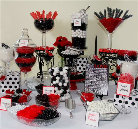 Awesome black, white, and red candy buffet. Red Black White Birthday Party Ideas, Casino Theme Treat Table, Black And Red Candy Table, Red White And Black Party Decorations, Red And Black Wedding Ideas On A Budget, Red And Black Theme Party, Red Candy Buffet, Sweet 16 Candy, Casino Birthday