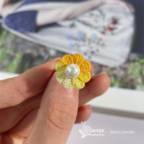 Crochet Rakhi, Crochet Daisies, Crocheted Daisy, Pearls Ring, Crochet Ring, Crochet Leaf, Contemporary Handmade Jewelry, Crochet Jewellery, Micro Crochet