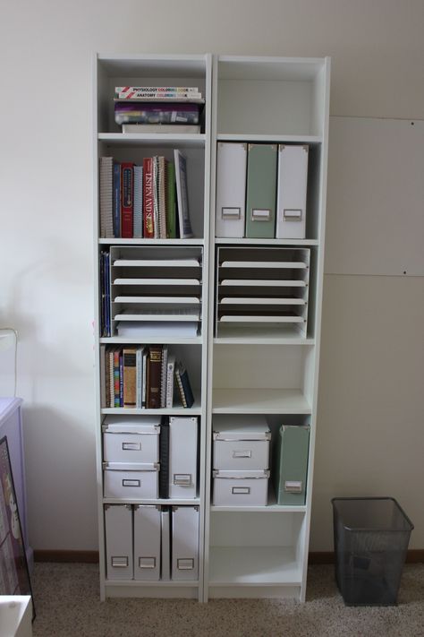 IKEA Billy bookshelves to hold everything for school! Textbooks, assignments, notebooks. And they're tall and skinny, so they can easily fit in a dorm room. Tall Ikea Shelves, Tall Bookcase Ikea, Ikea Slim Bookcase, Ikea Billy Bookcase Without Back, Ikea 15” Bookcase, Ikea Billy, Bookshelf Decor, Shelf Decor, Dorm Room