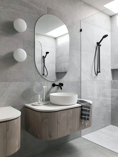 Zephyr and Stone loves large format tiles.  Why you ask?  They make a bathroom appear bigger, less grout lines make them easier to clean and they give a space that luxe designer look.  These 600 x 1200mm X-Rock tiles are up there with our favourites.  Follow us on Instagram and Pinterest for more design tips and inspo. Big Bathroom Design, Vanity Inspiration, Home Design Diy, Bad Inspiration, Steam Showers Bathroom, Room Tiles, Big Bathrooms, Bathroom Layout, Bathroom Basin