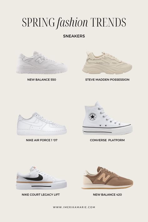 spring shoes Platform Nike Air Forces, Best Converse Shoes, Summer 23 Shoe Trends, Steve Madden White Sneakers Outfit, Air Force Platform Outfit, White 550 New Balance Outfit, All White New Balance 550, Trending New Balance Sneakers, Basic Nike Shoes