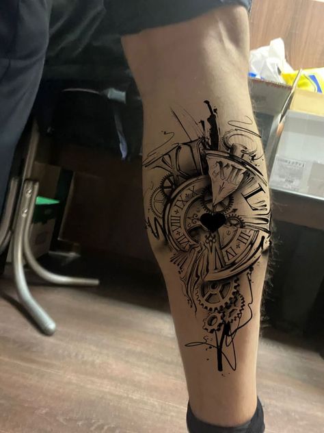 Compass Calf Tattoo Men Leg, Date Tattoo Ideas, Tattoo Clock, Calf Tattoo Men, Date Tattoo, Gay Tattoo, Date Tattoos, Saved Tattoo, Mens Shoulder Tattoo