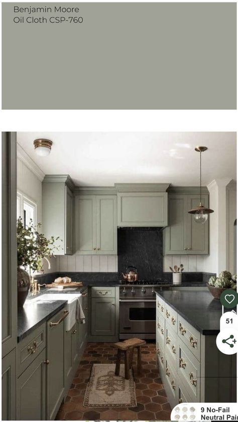 Sw Dried Thyme Cabinets, Green Cabinets Black Countertop, Small Kitchen Paint Ideas, Gray Green Kitchen Cabinets, Sage Kitchen, Kitchen Mood Board, Minimal Kitchen, Kitchen Colour Schemes, Green Cabinets