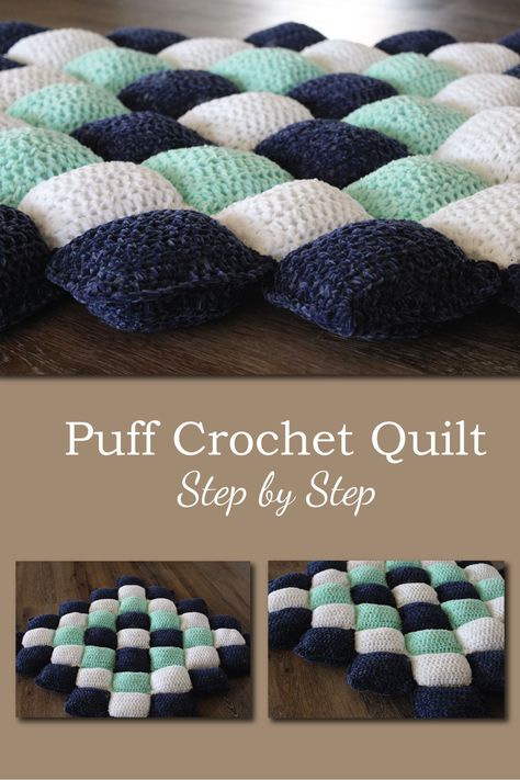 Crochet Play Blanket, Crochet Puff Square, Crochet Puff Quilt Pattern, Crochet Blanket Puff, Puff Square Crochet, Quilted Crochet Blanket, Crochet Blanket Quilt, Crochet Camping Blanket Free Pattern, Cricket Blanket Patterns