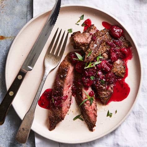 Black Pepper Steak with Sour Cherry Sauce Cherry Steak Sauce, Black Pepper Steak, Steak Dinners For Two, Cherry Sauce Recipe, Protein Dishes, Sour Cherry Recipes, Balsamic Steak, Blueberry Salad, Friday Dinner