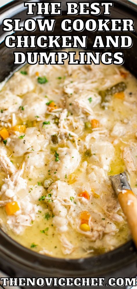 Rich, creamy Slow Cooker Chicken and Dumplings are easy to make with a can of biscuits for the dumplings! A homestyle, cozy meal that's hassle free. Dumplings Crockpot, Easy Chicken Dumpling Recipes, Warm Recipes, Crockpot Favorites, Tender Recipes, Creamy Chicken And Dumplings, Fluffy Dumplings, Chicken Dumpling, Fancy Foods