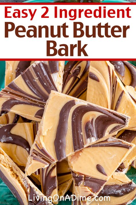 Bark candies are a nice addition to any holiday party. This 2 ingredient peanut butter bark recipe is perfect for the chocolate and peanut butter lovers in your family and the artistic peanut butter swirl makes it a visually appealing addition to any candy tray! Find this and lots more easy Christmas candy recipes with 2 ingredients here! Simple Candy Recipes 3 Ingredients, 2 Ingredient Candy Recipes, White Chocolate Peanut Butter Bark, Recipes With Chocolate Almond Bark, Bacon Bark Recipes, Reese’s Peanut Butter Bark, Appiterzers For Christmas Eve, Peanut Butter Chocolate Candy, Quick Candy Recipes Simple