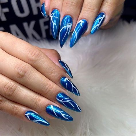 Blue Nails With Lightning Bolt, Lighting Nails Designs, Lightning Nails Designs, Blue Lightning Nails, Thunderstorm Nails, Lightening Nails, Thunder Nails, Blue Halloween Nails, Lightning Bolt Nails