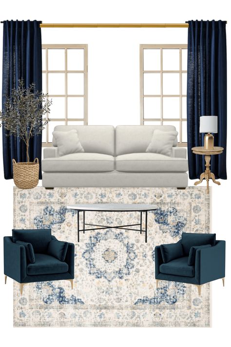 Curtains Or No Curtains, Curtains Behind Couch, Navy Curtains Living Room, Blue Curtains Living Room, Family Room Curtains, Navy Curtains, Navy Blue Curtains, Small Sectional Sofa, Navy Living Rooms