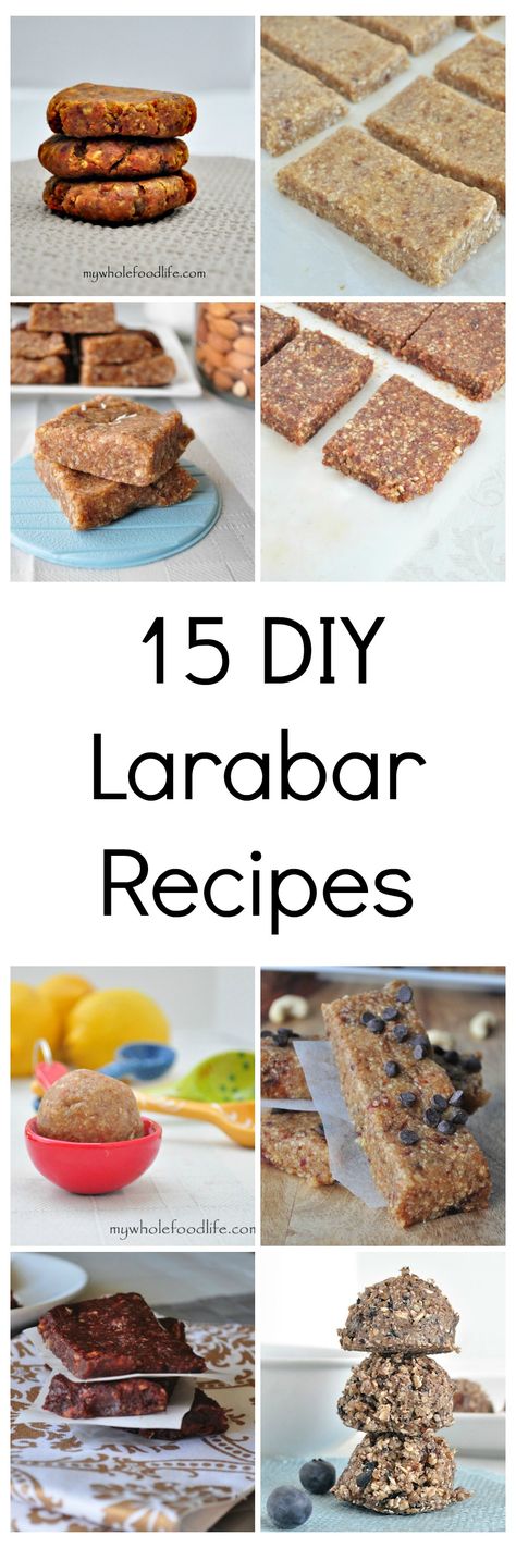 15 DIY Larabar recipes. Say goodbye to store bought forever.  Vegan, gluten free and paleo. Diy Lara Bars Recipes, Diy Larabar Recipe, Diy Lara Bars, Larabar Recipes, Collage Pinterest, Lara Bars Recipe, Homemade Larabars, Lara Bars, Healthy Bars