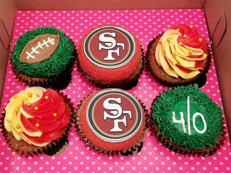 49ers Cupcakes Served Up By Smallcakes In Danville | Danville, CA Patch 49er Desserts, 49ers Cupcakes Ideas, Super Bowl Cupcake Ideas, 49ers Desserts, 49er Cupcakes, 49ers Cupcakes, Gold Frosting, Super Bowl Cupcake, Edible Rice Paper