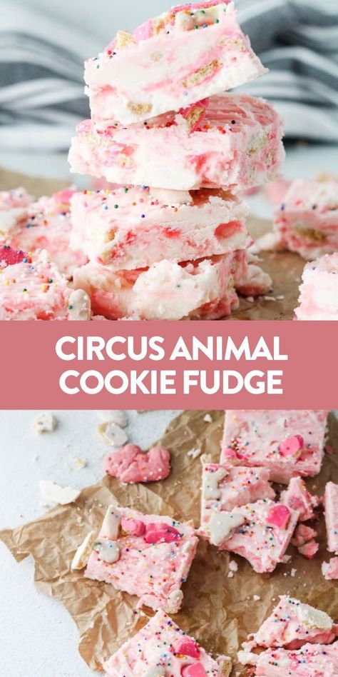 Circus animal cookie fudge is an easy cheese fudge made extra special with the adorable cookies and sprinkles. Kids and adults will love this easy colorful candy! #fudge #dessert #recipe Circus Animal Cookie Dessert, Frosted Animal Cookie Recipes, Wacky Recipes, Circus Animal Cheesecake, Fantastic Fudge, Animal Cookies Recipe, Cheese Fudge, Cookie Fudge, Frosted Animal Crackers