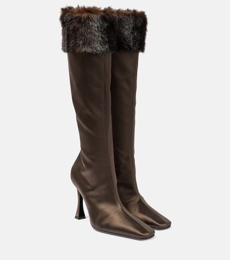 Faux fur-trimmed satin knee-high boots in brown - Magda Butrym | Mytheresa Boots With Fur Trim, Boots With Fur, Magda Butrym, Fur Boots, High Heel Boots, Fur Trim, Brown Boots, High Boots, Knee High Boots