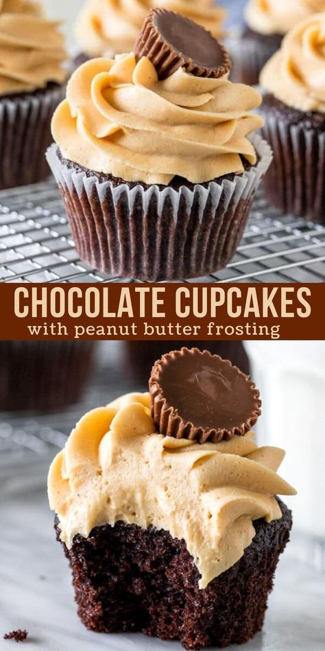 2 chocolate cupcakes with peanut butter frosting on top Chocolate Peanut Butter Cupcakes Easy, Peanut Butter Chocolate Cupcakes, Super Moist Chocolate Cupcakes, Fluffy Peanut Butter Frosting, Butter Frosting Recipe, Chocolate Cupcakes With Peanut Butter, Cupcakes With Peanut Butter Frosting, Moist Chocolate Cupcakes, Peanut Butter Frosting Recipe