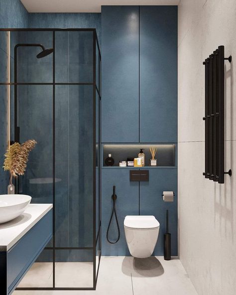 Small Dark Bathroom, Large Tile Bathroom, Dark Blue Bathrooms, Black Tile Bathrooms, Bathroom Wall Tiles, Small Bathroom Interior, Dark Bathrooms, Flooring Tiles, Small Bathroom Makeover