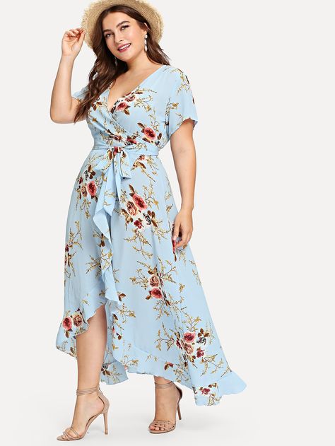 Plus Asymmetric Ruffle Hem Botanical Wrap Dress -SheIn(Sheinside) Summer Dresses Uk, Shein Plus Size, Easter Dresses For Toddlers, Plus Size Long Dresses, Sukienki Plus Size, Plus Size Summer Dresses, Gaun Fashion, 파티 드레스, Plus Size Party Dresses