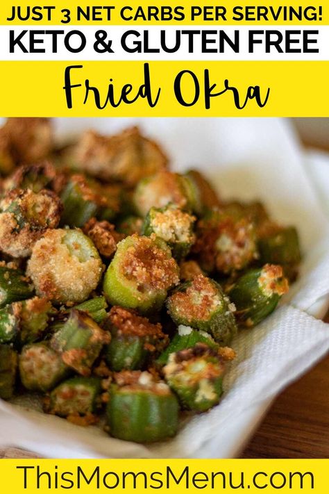 This is low carb twist on one of my favorite childhood recipes. If you've never had fried okra (AKA Southern Popcorn), then you are really missing out! It's a delicious side dish or snack and it's SO easy to make. This recipe is perfect for those following a paleo, Whole 30, gluten/grain free or keto diet. Keto Fried Okra, Keto Okra Recipes, Keto Diet Snacks, Okra Recipes, Low Carb Sides, Low Carb Side Dishes, Keto Side Dishes, Okra, No Carb Diets