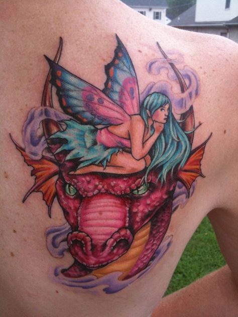 fairy dragon tattoo | Fairy on dragons head tattoo Dragon And Fairy Tattoo, Fairy Dragon Tattoo, Dragon And Fairy, Fairy And Dragon, Dragon Head Tattoo, Cosmic Tattoo, Head Tattoo, Fairy Images, Fairy Dragon