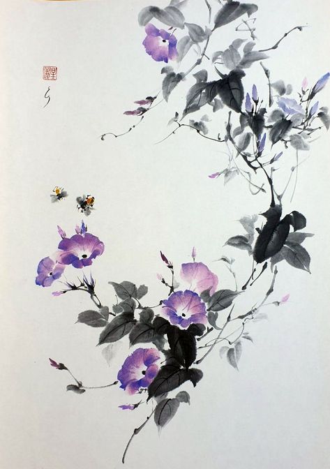 Japanese Ink Painting Japanese art Sumi-e Suibokuga Brush painting Oriental art Handmade Sumi E Tattoo, Japanese Art Flowers, Chinese Painting Flowers, Flowers Japanese, Painting Japanese, Japanese Ink Painting, Chinese Drawings, Morning Glory Flowers, Sumi E Painting