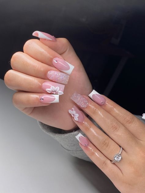 Short Nails For Birthday Ideas, Short Coffin Acrylic Nails Designs Pink, Pink Nail Short Designs, White Glitter Nails With 3d Flowers, Cute Short Quince Nails, Pretty Acrylic Nails Coffin Long Simple, French Tip Acrylic Nails With Nail Art, Soft Acrylic Nails Aesthetic, Cute Medium Length Nails Acrylic