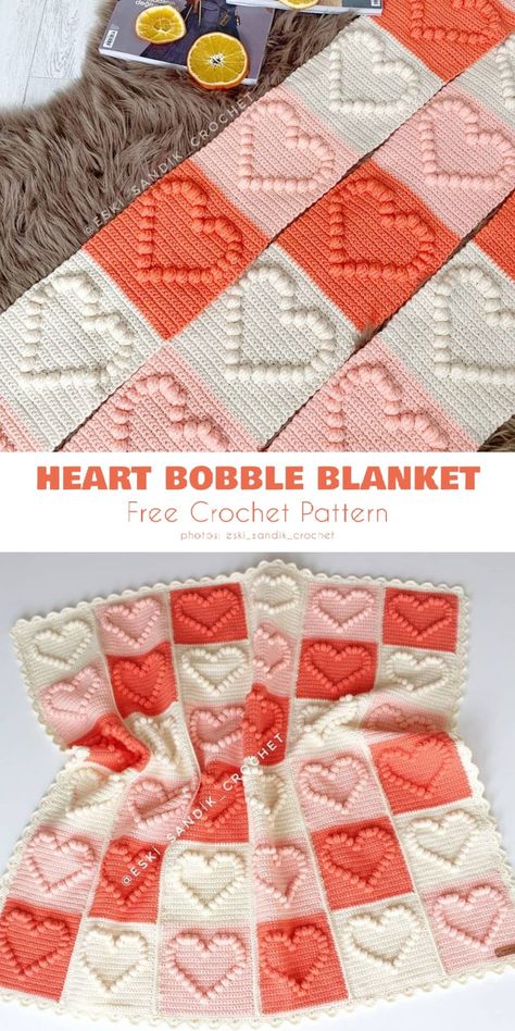 bobble heart blanket scaled Crochet Blankets With Hearts, Crochet Heart Bobble Square, Cute Blankets Crochet, Different Stitch Crochet Blanket, Valentine Crochet Blanket Patterns Free, Crochet Heart Puff Stitch, Bobble Heart Crochet Square, Strawberry Stitch Crochet Pattern, Heart Bobble Crochet Pattern