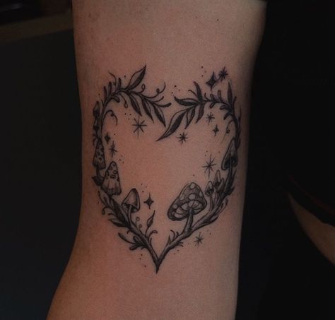 Mushroom Heart Tattoo Design, Heart Shaped Mushroom Tattoo, Mushroom Tree Tattoo, Mushroom Collar Bone Tattoo, Mushroom Heart Tattoo, Leaf Heart Tattoo, Toadstool Tattoo, Tattoo With Banner, Small Mushroom Tattoo