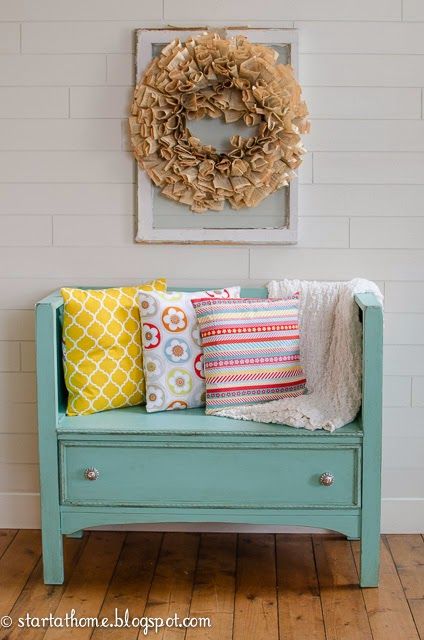 Bench With Pillows, Dresser Turned, Dresser Bench, Blue Bench, Diy Dresser, Diy Bench, Seat Storage, Old Dressers, Diy Window