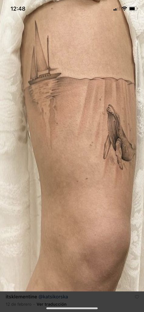 Fine Line Diver Tattoo, Oceanic Tattoos Sleeve, Feminine Water Tattoo, Sea Scape Tattoo, Ocean Life Sleeve Tattoo, Ocean Tattoo Thigh, Ocean Themed Tattoos Men, Sea Based Tattoos, Marine Tattoo Sleeve