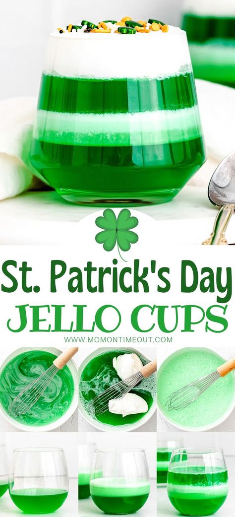 Jello St Patricks Day Treats, Fun Jello Ideas, St Patrick’s Day Jello, St Patrick’s Day Trifle, Layered Jello Cups, Green Jello Recipes, Green Jello Desserts, Easter Jello Desserts, Pastel Jello