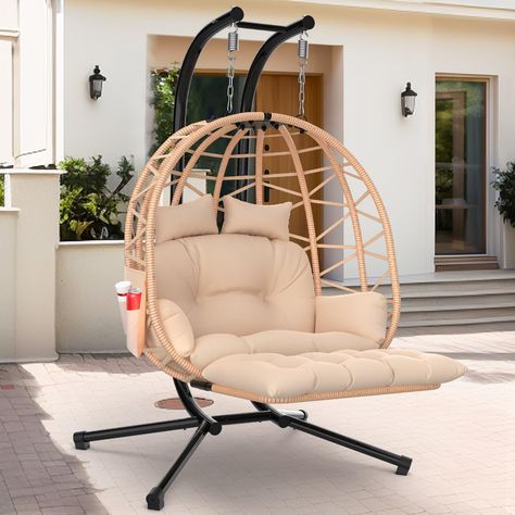 PRICES MAY VARY. Oxford Cloth ✅【EXTRA LARGE SIZE】--- Our ZENPETIO Oversized Hanging Egg Chair with Stand is for 2 People. The Luxury 2 Person Swing Chair Overall Dimensions' 52.8''L x 39.5''W x 74.8''H ; Basket 48''L x 24.5'W x45.7''H; Leg Rest 38.9"L x 18.5"W; 700 Lbs Capacity. ✅【STURDY AND COMFORTABLE】--- Our egg chair consists of an aluminum-steel frame and a sturdy heavy-duty steel stand, with rust-resistant coating, ensuring strength, safety, and durability. The frame is surrounded by polye Indoor Hanging Chair, Basket Chair, Hanging Chair Outdoor, Hanging Egg Chair, Outdoor Bedroom, Patio Swing, Leg Rest, Swing Chair, Outdoor Swing