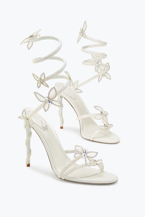 Margot Crystal White Sandal 105 Rene Caovilla Heels, Crystal Butterflies, White Sandal, Butterfly Sandals, Velvet Sandals, Jeweled Shoes, Jeweled Sandals, Womens Stilettos, Crystal Shoes