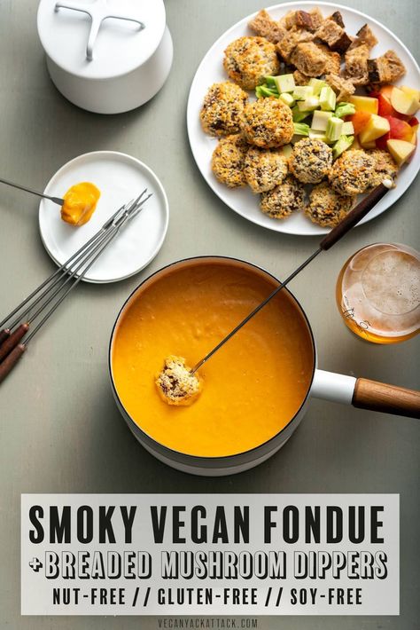 Need a shareable, fun, party meal? Make my Smoky Vegan Fondue with Breaded Mushroom Dippers! Not only is this cheezy goodness plant based, it’s also nut-free and soy-free. And it looks even better in some Dansk Kobenstyle cookware! #vegan #plantbased #soyfree #glutenfree #veganyackattack #ad #dansk #kobenstyle #fondue #nutfree Vegan Cheese Fondue, Vegan Fondue, Easy Vegan Appetizers, Dansk Kobenstyle, Breaded Mushrooms, Valentine Dessert, Valentines Recipes Desserts, Processor Recipes, Vegan Dips