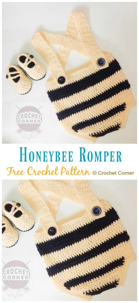 Honeybee Romper Free Crochet Pattern - Baby #Romper #Crochet Patterns Crochet Baby Onsie Free Patterns, Crochet Baby Boy Clothes Patterns Free, Crochet Onesie Pattern Free, Crochet Newborn Outfits Free Pattern, Baby Clothes Crochet Patterns Free, Crochet Baby Onesie Free Pattern, Baby Boy Crochet Outfits, Crochet Baby Free Pattern, Crochet Baby Romper Free Pattern