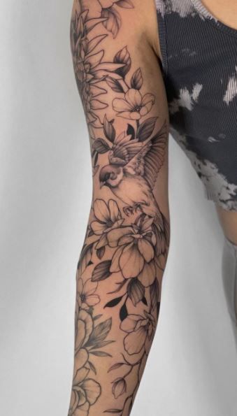 Swallow Sleeve Tattoo, Sparrow Sleeve Tattoo, Sparrow Tattoo With Flowers, Sparrow Flower Tattoo, Simple Full Sleeve Tattoo, Pollinator Tattoo Sleeve, Women’s Inner Bicep Tattoo, Vine And Flower Tattoo Sleeve, Bird Arm Tattoos For Women