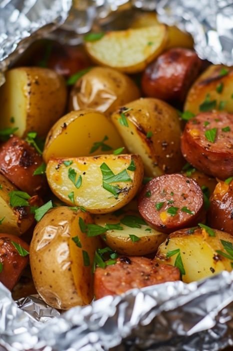 Sausage & Potato Foil Packet - Delicious Dinner Potato Sausage Foil Packs, Sausage Foil Packets For Camping, Foil Packets For The Oven Sausage, Sausage Hobo Foil Packs, Sausage Foil Packets For The Oven, Potato And Sausage Recipes, Foil Potatoes, Tin Foil Meals, Grilled Foil Packets