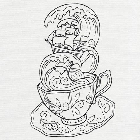 Tempest in a Teacup | Urban Threads: Unique and Awesome Embroidery Designs Ship In A Teacup Tattoo, Page Of Cups Tattoo, Tea Cup Drawing, Teacup Tattoo, Storm In A Teacup, Cup Tattoo, Dibujos Percy Jackson, Urban Threads, Halloween Tattoos