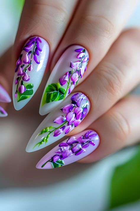 wisteria nails, floral nail art, purple nail designs, summer nail ideas, wisteria nail art, nail art inspo, beach vibes, floral nail designs, purple nail art, nail designs floral, flower nails, wisteria manicure, nail designs purple, floral nail art designs, purple flower nails, nail art ideas floral, cute floral nails, wisteria nail designs, floral nail inspiration, summer nail trends, purple manicure, flower nail art, wisteria nail inspiration, nail designs cute, wisteria flower nails Wisteria Nail Art, Wisteria Nails, Nail Art Designs Purple, Purple Nails Summer, Cute Floral Nails, Nail Designs Floral, Purple Flower Nails, Nail Designs Purple, Floral Nail Art Designs