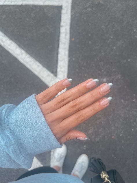 Gray Or Silver Nails, Hoco Nails 2023, Silver French Almond Nails, Silver French Tips Nails, Silver Acrilyc Nails, Silver Tip Acrylic Nails, Sliver Chrome Nails French Tip, Silver Simple Nails, Silver Sparkly French Tip Nails