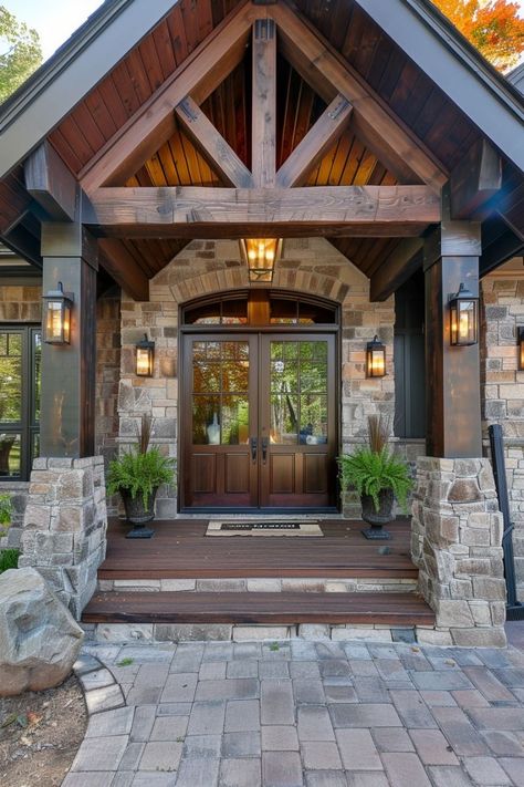 Craftsman House Designs, Mountain Home Exterior, Lake Houses, Sleek Chic, Lakefront Homes, Entryway Ideas, Aging In Place, Front Entrance, Black Mountain