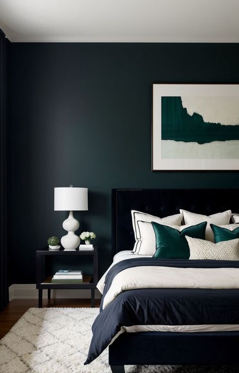 Sleek Bedroom, Black Accent Wall, Navy Bedrooms, Green Accent Walls, Black Accent Walls, Airbnb House, Navy Walls, Black Bedroom Furniture, Black Interior Design